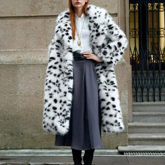 Jackets & Blazers - White Casual Women's Faux Fur Collar Mid-Long Leopard Print Fluffy Warm Coat